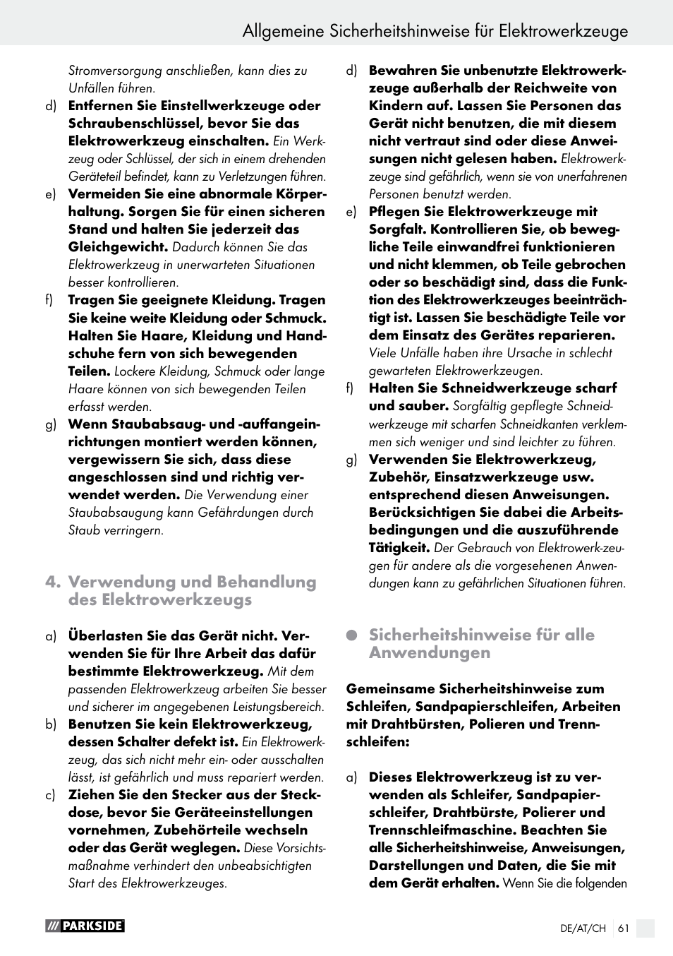 Verwendung und behandlung des elektrowerkzeugs, Sicherheitshinweise für alle anwendungen | Parkside PMGS 12 A1 User Manual | Page 61 / 70