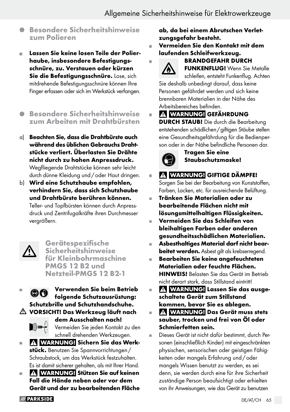 Besondere sicherheitshinweise zum polieren | Parkside PMGS 12 A1 User Manual | Page 65 / 70