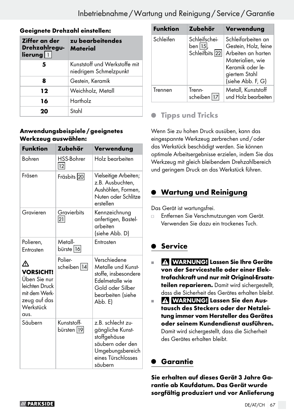 Tipps und tricks, Wartung und reinigung, Service | Garantie | Parkside PMGS 12 A1 User Manual | Page 67 / 70