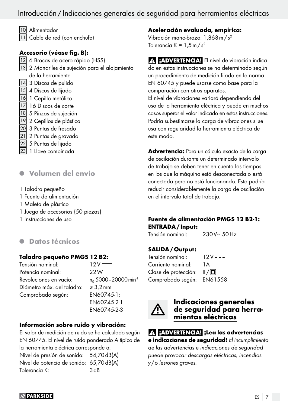 Volumen del envío, Datos técnicos | Parkside PMGS 12 A1 User Manual | Page 7 / 70