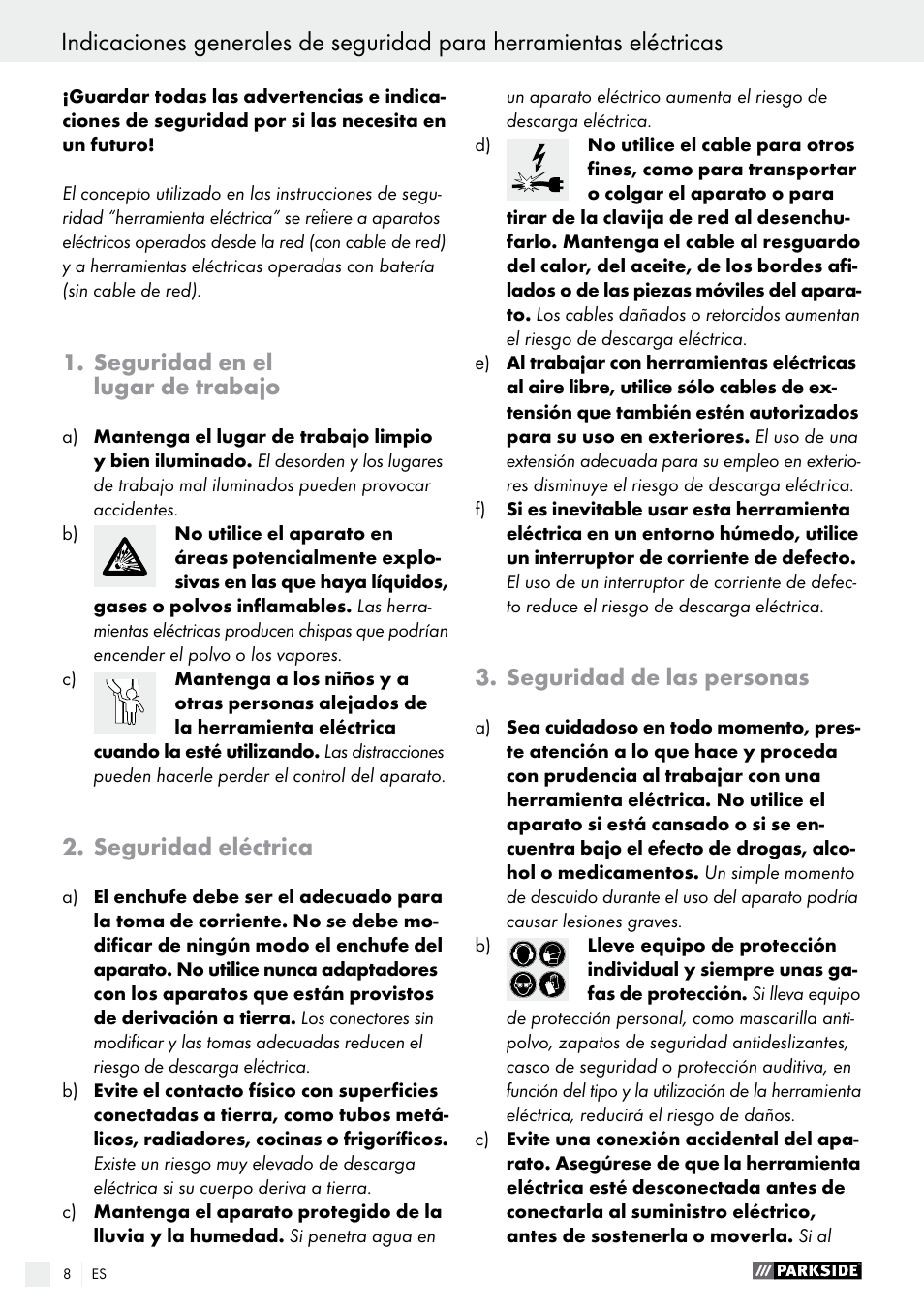 Seguridad en el lugar de trabajo, Seguridad eléctrica, Seguridad de las personas | Parkside PMGS 12 A1 User Manual | Page 8 / 70