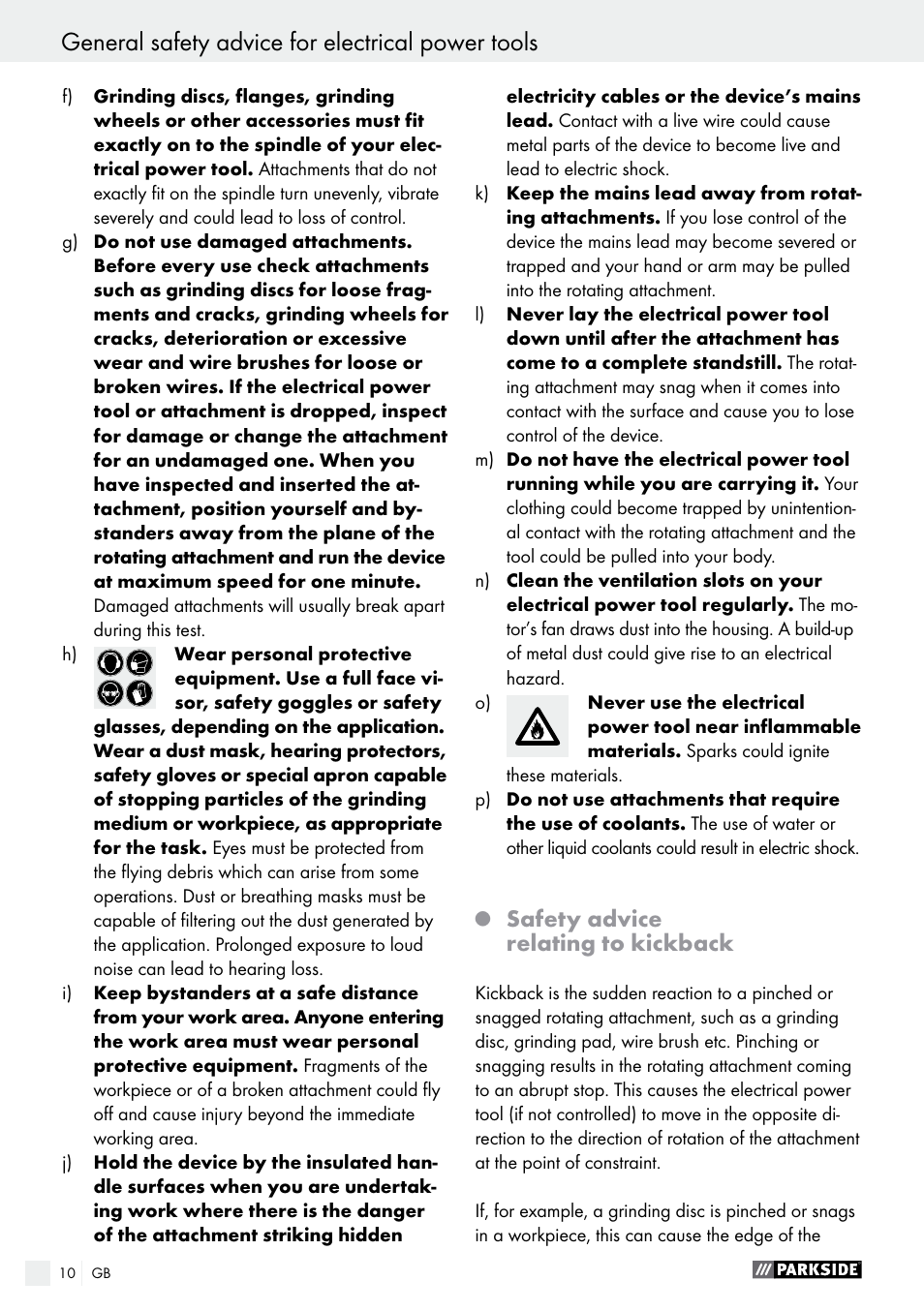 General safety advice for electrical power tools, Safety advice relating to kickback | Parkside PMGS 12 A1 User Manual | Page 10 / 96