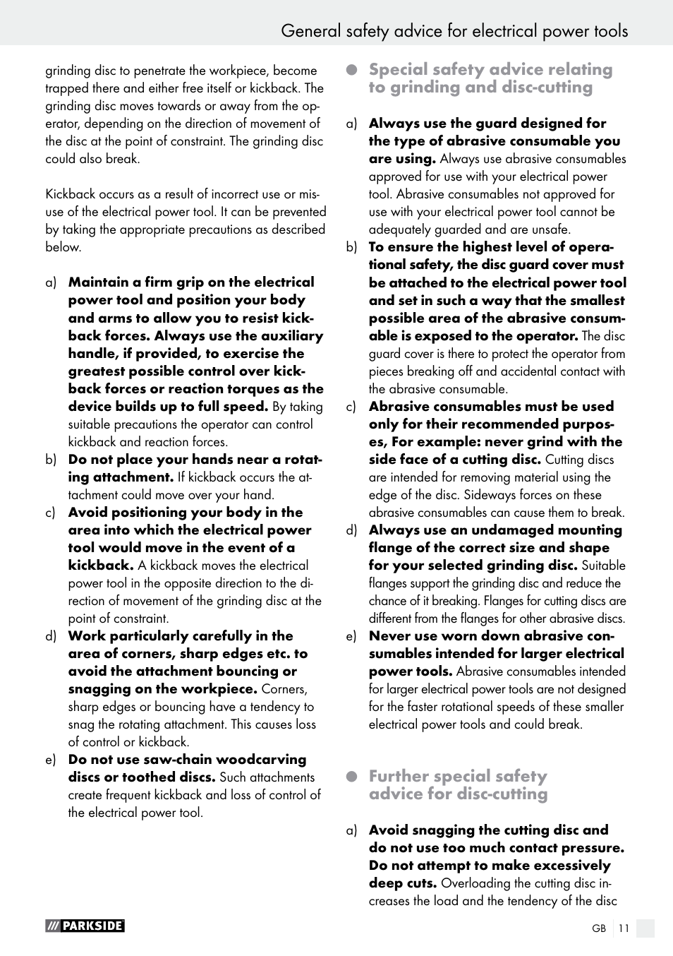 General safety advice for electrical power tools, Further special safety advice for disc-cutting | Parkside PMGS 12 A1 User Manual | Page 11 / 96