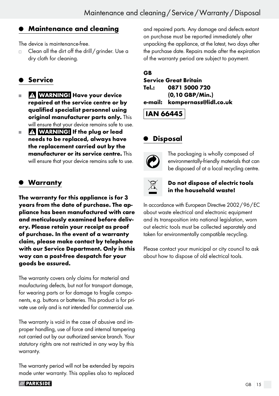 Maintenance and cleaning, Service, Warranty | Disposal | Parkside PMGS 12 A1 User Manual | Page 15 / 96