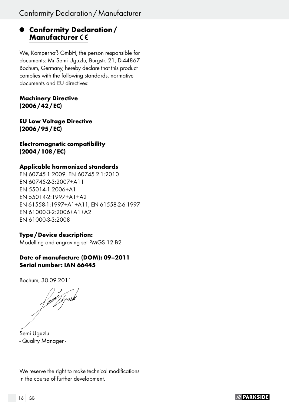 Conformity declaration / manufacturer | Parkside PMGS 12 A1 User Manual | Page 16 / 96