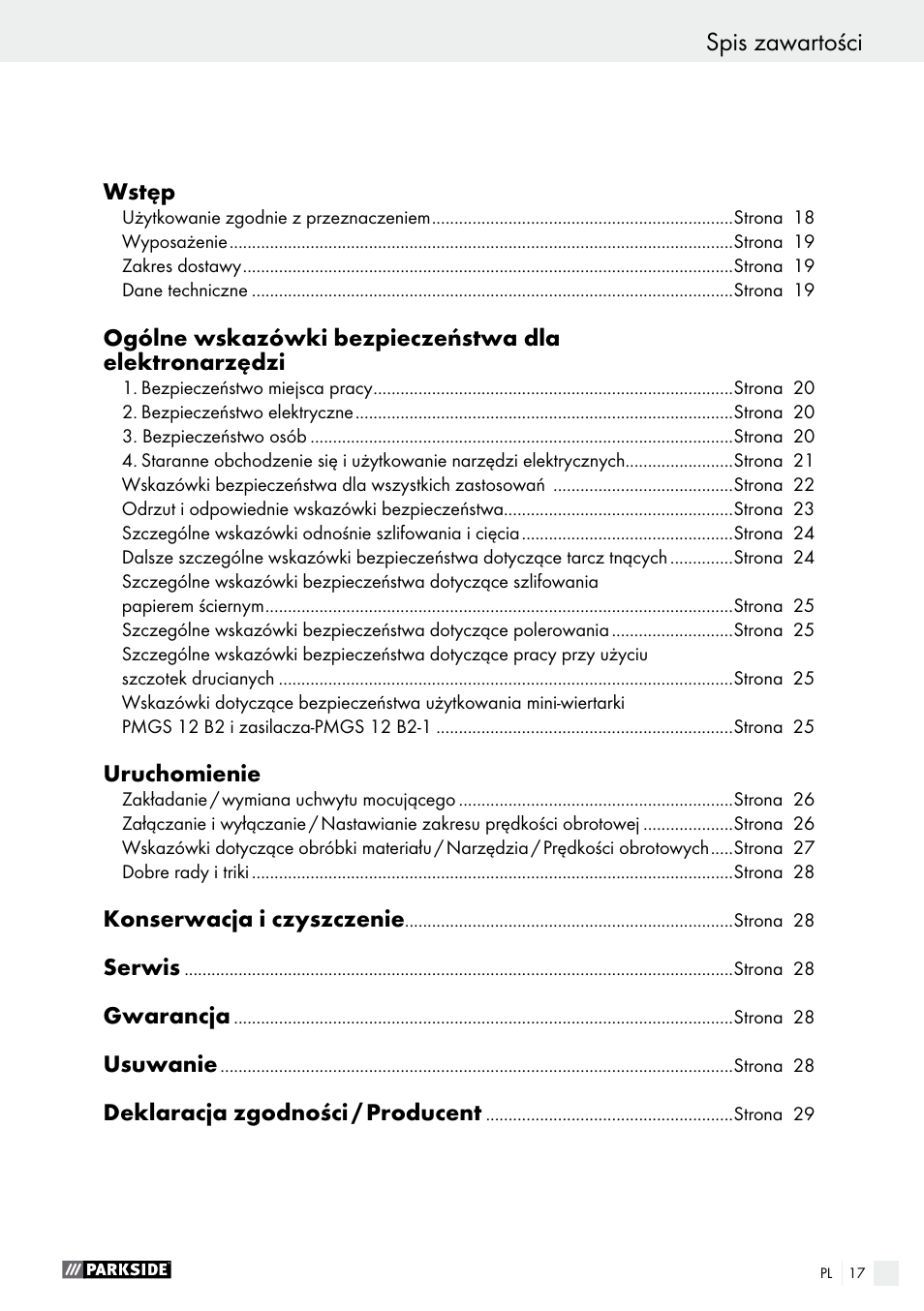 Spis zawartości | Parkside PMGS 12 A1 User Manual | Page 17 / 96