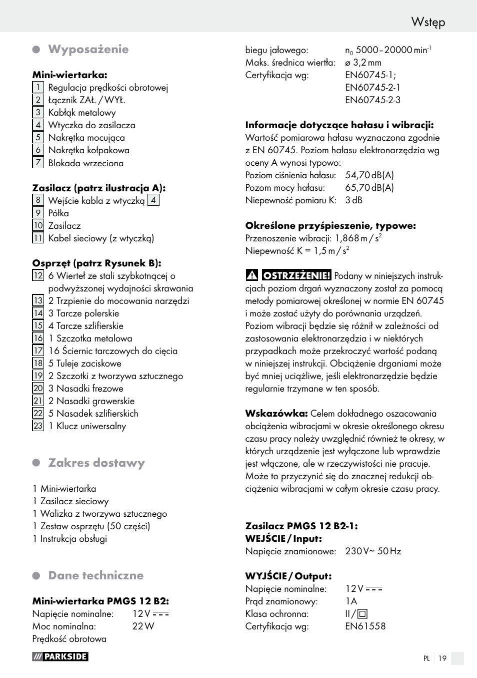 Wstęp, Wyposażenie, Zakres dostawy | Dane techniczne | Parkside PMGS 12 A1 User Manual | Page 19 / 96