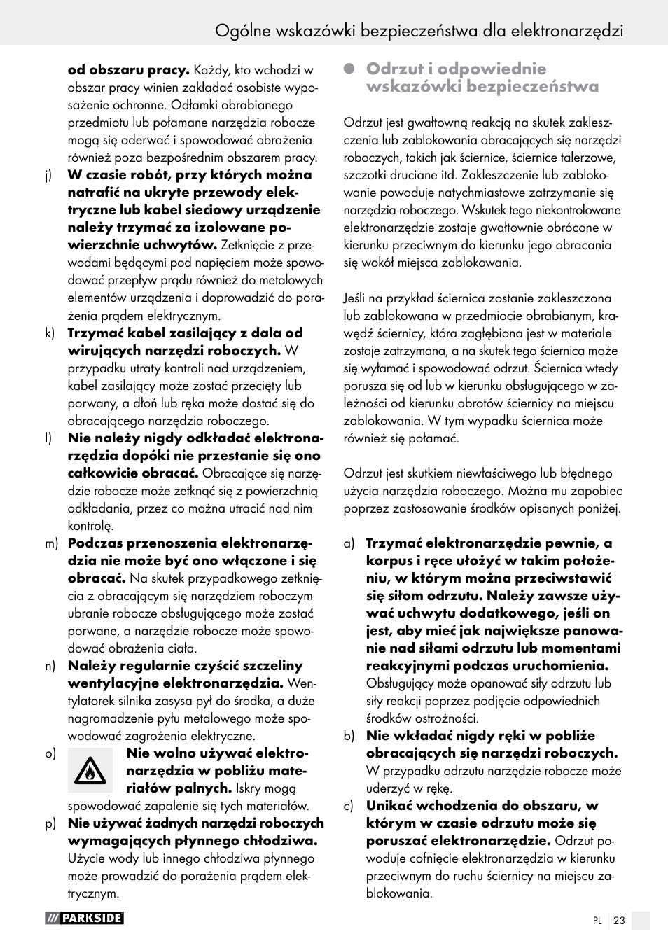 Odrzut i odpowiednie wskazówki bezpieczeństwa | Parkside PMGS 12 A1 User Manual | Page 23 / 96