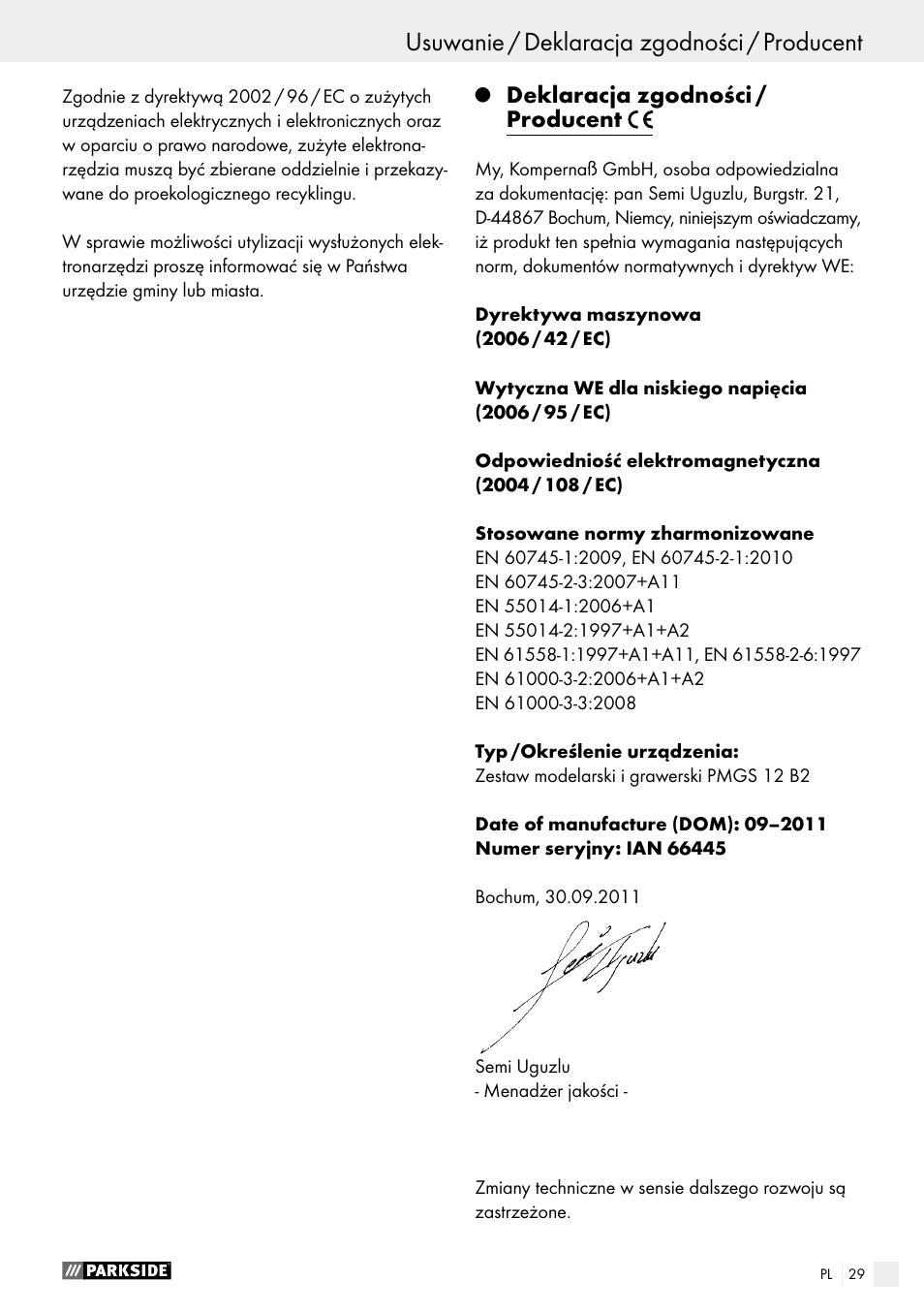 Usuwanie / deklaracja zgodności / producent, Deklaracja zgodności / producent | Parkside PMGS 12 A1 User Manual | Page 29 / 96