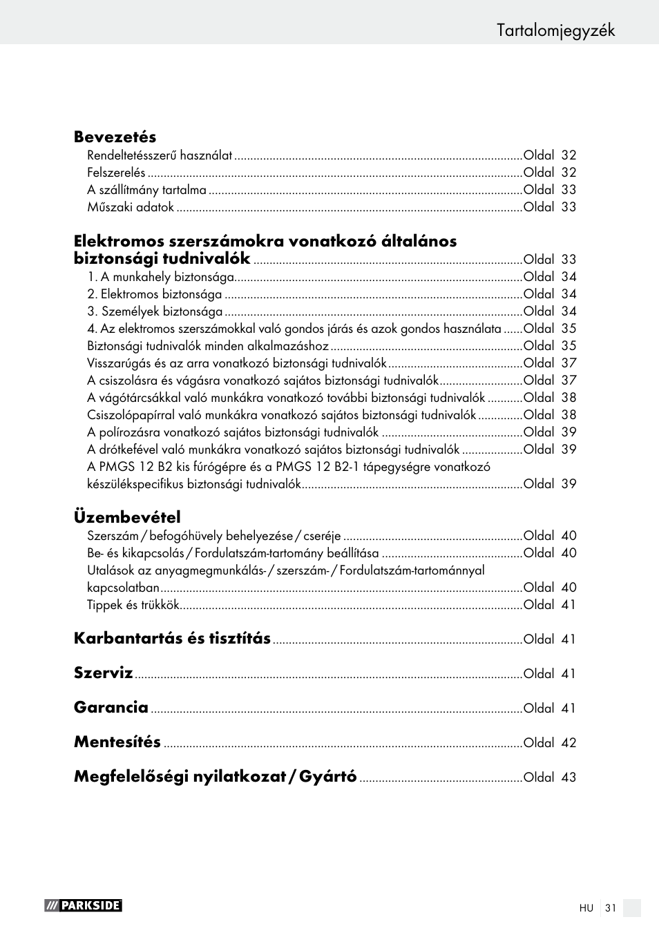 Tartalomjegyzék | Parkside PMGS 12 A1 User Manual | Page 31 / 96