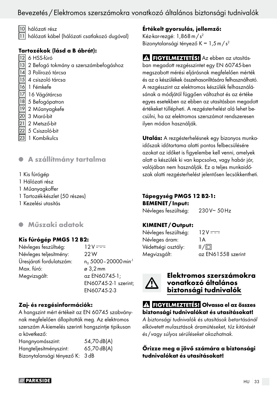 A szállítmány tartalma, Műszaki adatok | Parkside PMGS 12 A1 User Manual | Page 33 / 96