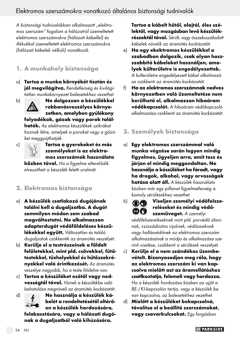 A munkahely biztonsága, Elektromos biztonsága, Személyek biztonsága | Parkside PMGS 12 A1 User Manual | Page 34 / 96