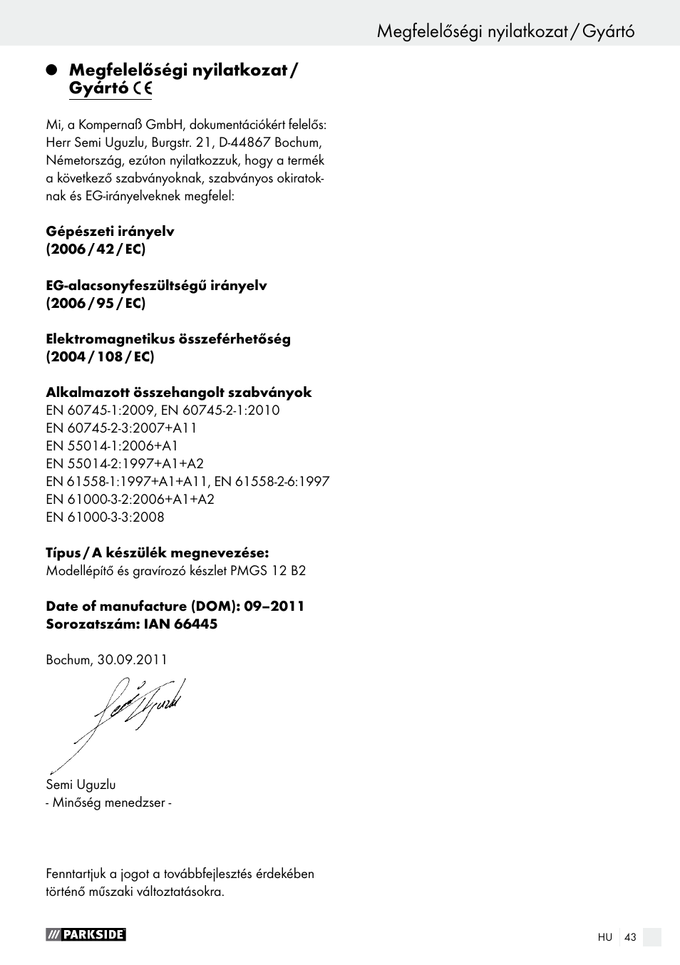Megfelelőségi nyilatkozat / gyártó | Parkside PMGS 12 A1 User Manual | Page 43 / 96
