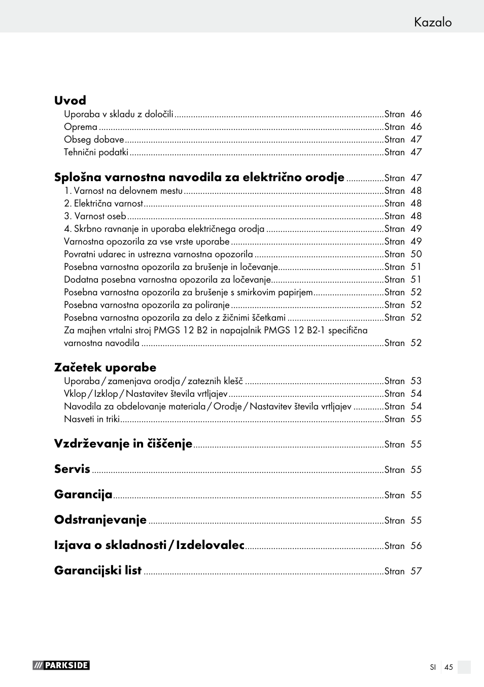 Kazalo | Parkside PMGS 12 A1 User Manual | Page 45 / 96