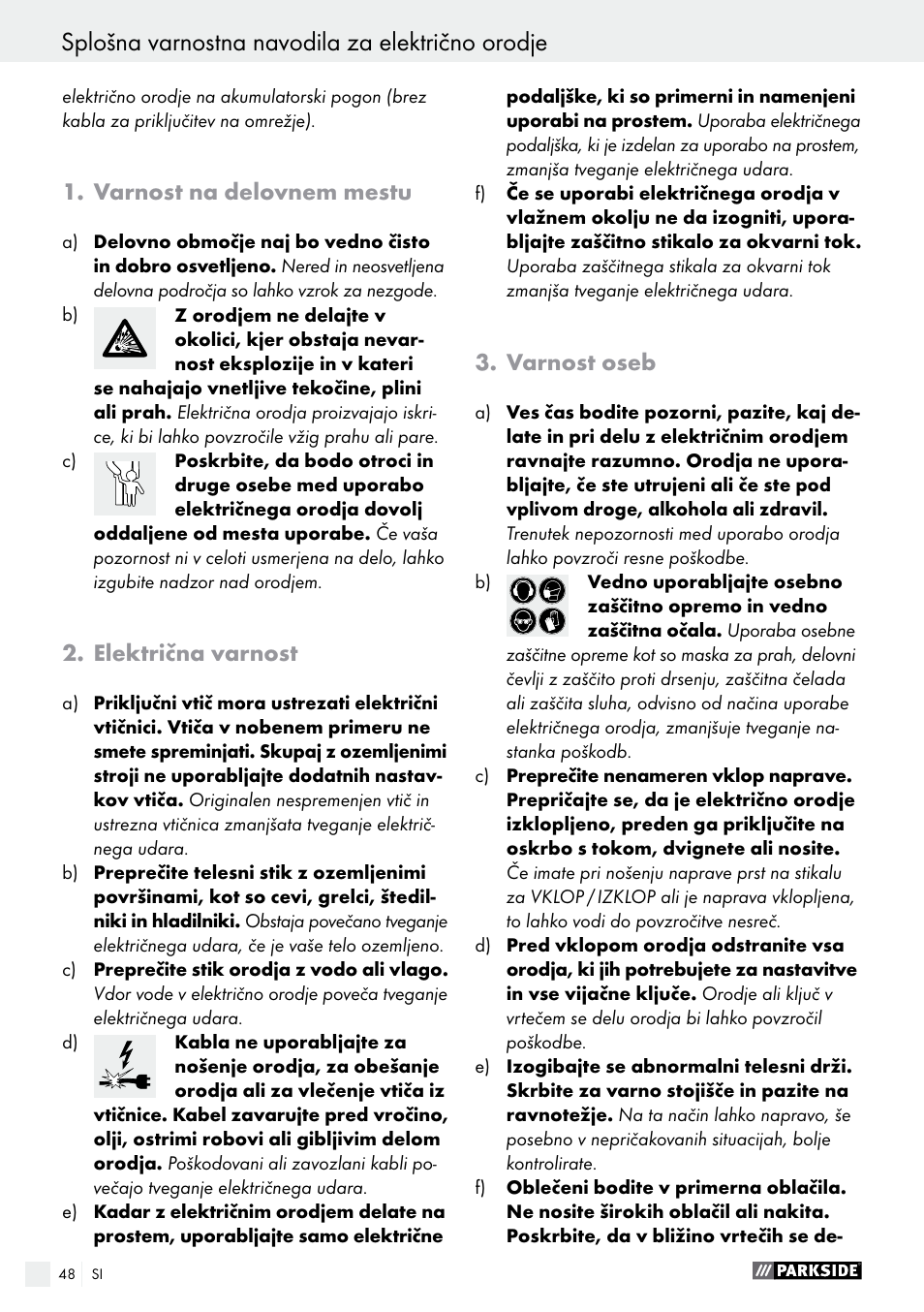 Splošna varnostna navodila za električno orodje, Varnost na delovnem mestu, Električna varnost | Varnost oseb | Parkside PMGS 12 A1 User Manual | Page 48 / 96