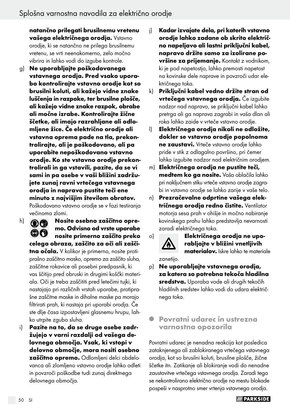 Splošna varnostna navodila za električno orodje, Povratni udarec in ustrezna varnostna opozorila | Parkside PMGS 12 A1 User Manual | Page 50 / 96