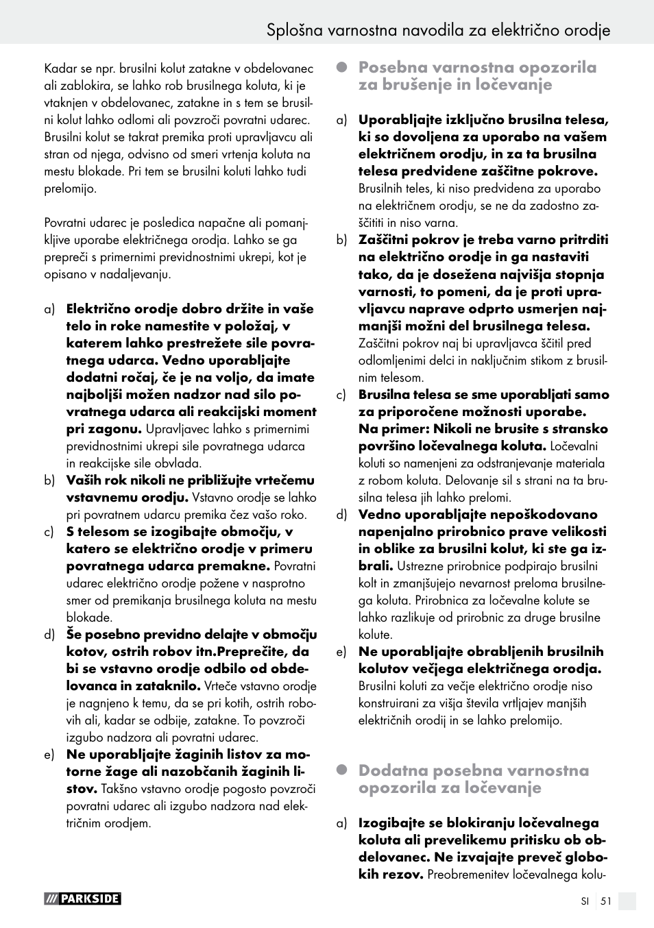 Splošna varnostna navodila za električno orodje, Dodatna posebna varnostna opozorila za ločevanje | Parkside PMGS 12 A1 User Manual | Page 51 / 96