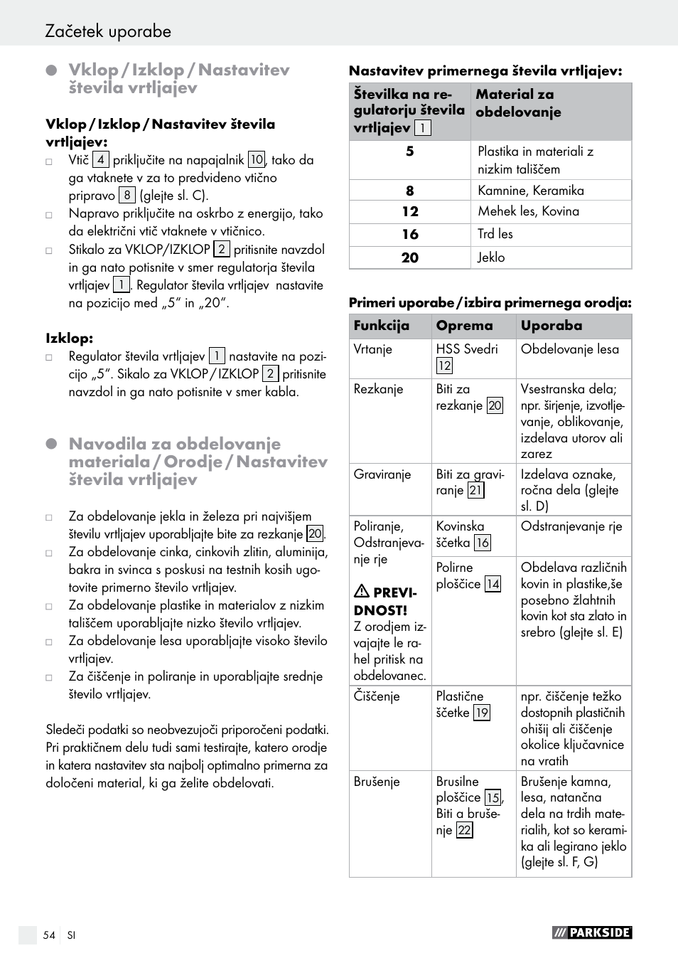 Vklop / izklop / nastavitev števila vrtljajev | Parkside PMGS 12 A1 User Manual | Page 54 / 96