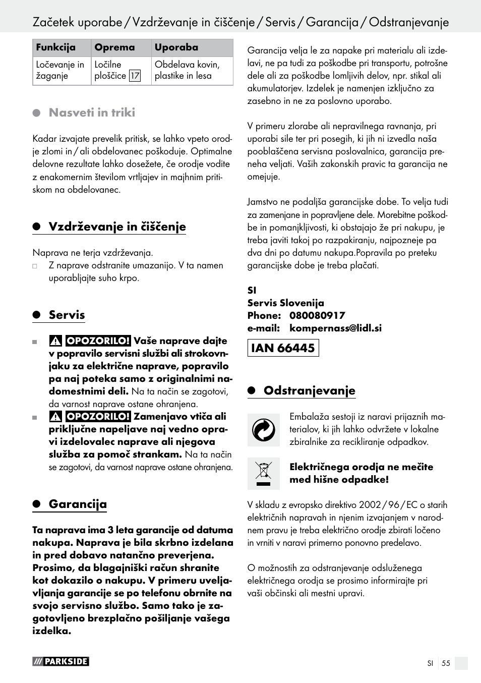 Nasveti in triki, Vzdrževanje in čiščenje, Servis | Garancija, Odstranjevanje | Parkside PMGS 12 A1 User Manual | Page 55 / 96