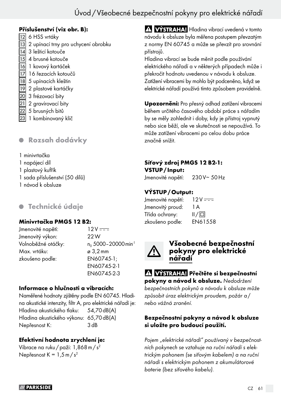 Rozsah dodávky, Technické údaje | Parkside PMGS 12 A1 User Manual | Page 61 / 96