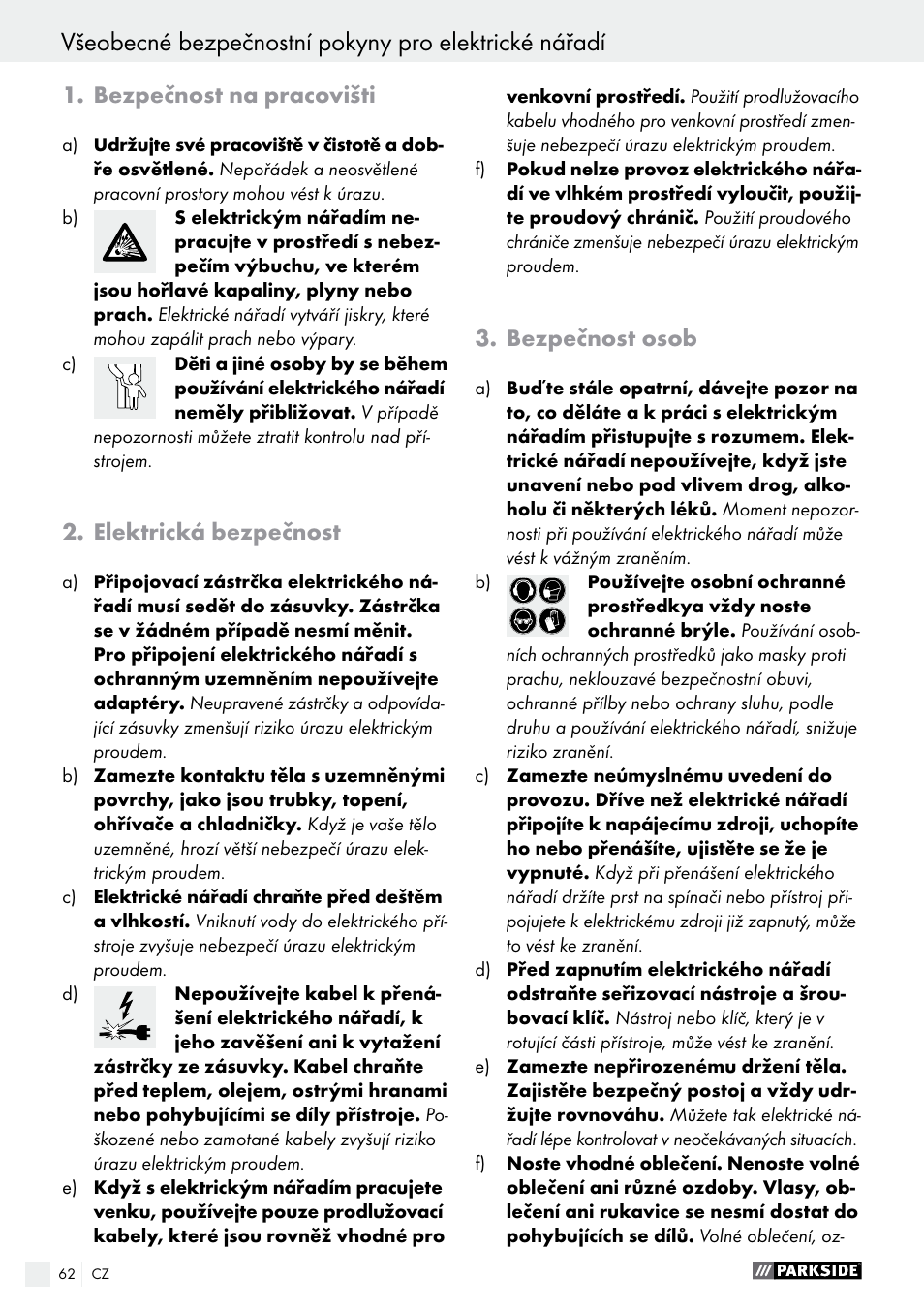 Bezpečnost na pracovišti, Elektrická bezpečnost, Bezpečnost osob | Parkside PMGS 12 A1 User Manual | Page 62 / 96