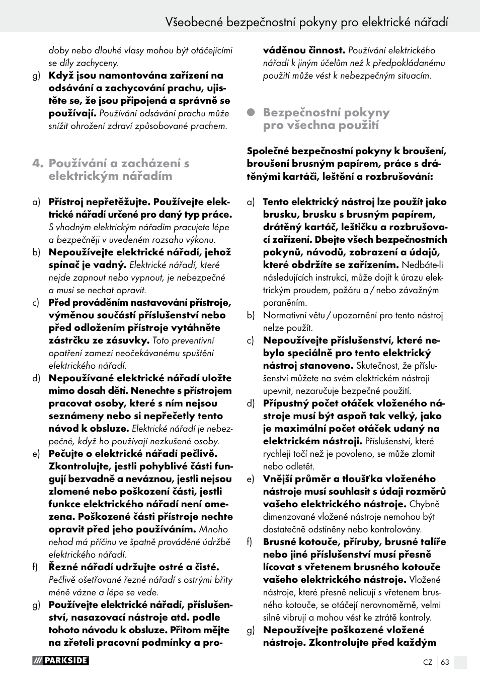 Používání a zacházení s elektrickým nářadím, Bezpečnostní pokyny pro všechna použití | Parkside PMGS 12 A1 User Manual | Page 63 / 96