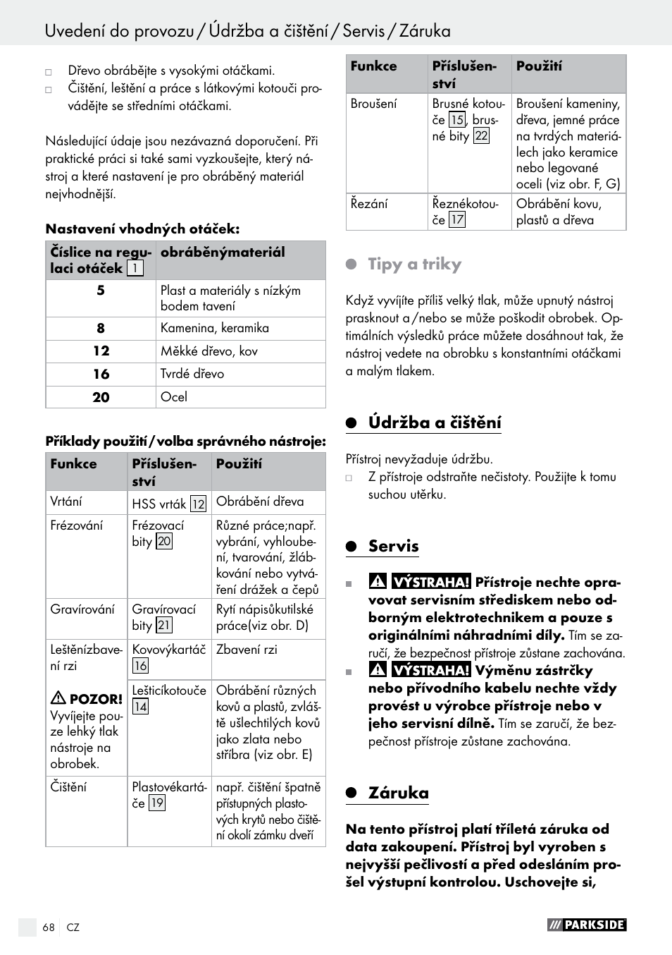 Tipy a triky, Údržba a čištění, Servis | Záruka | Parkside PMGS 12 A1 User Manual | Page 68 / 96