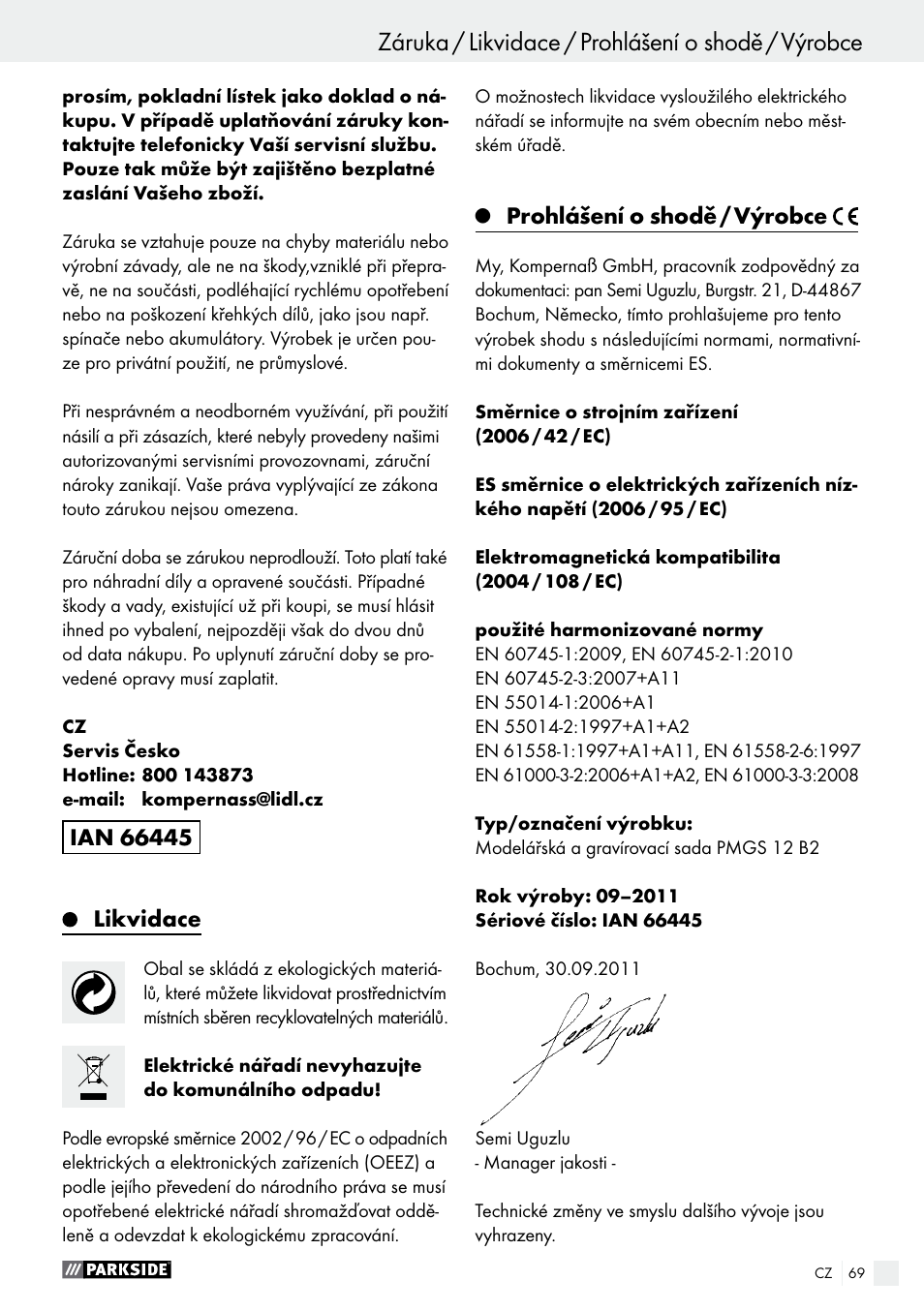 Záruka / likvidace / prohlášení o shodě / výrobce, Prohlášení o shodě / výrobce | Parkside PMGS 12 A1 User Manual | Page 69 / 96
