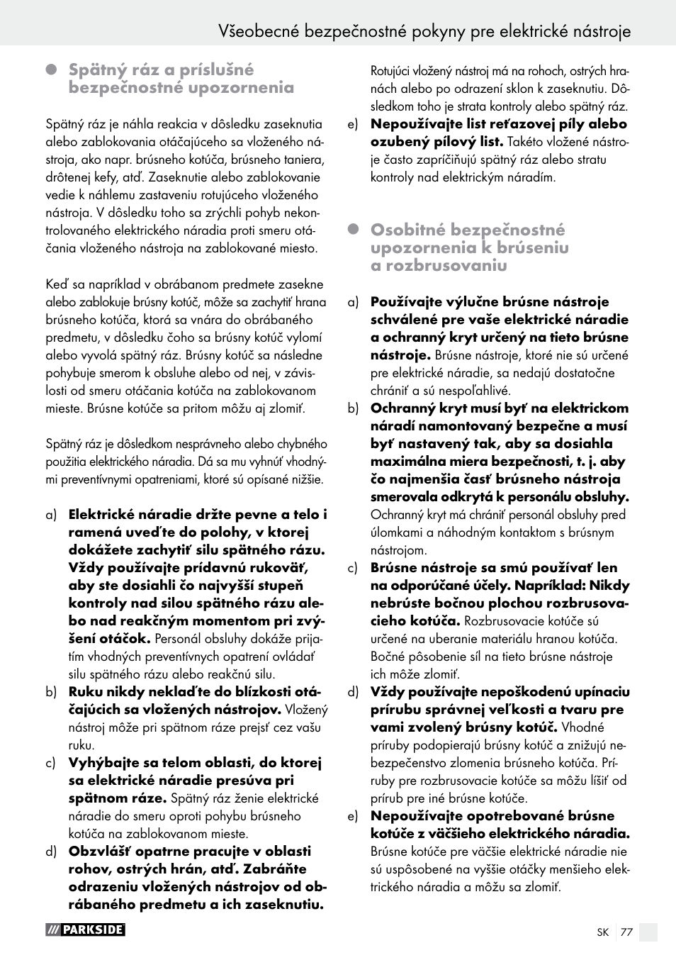 Spätný ráz a príslušné bezpečnostné upozornenia | Parkside PMGS 12 A1 User Manual | Page 77 / 96