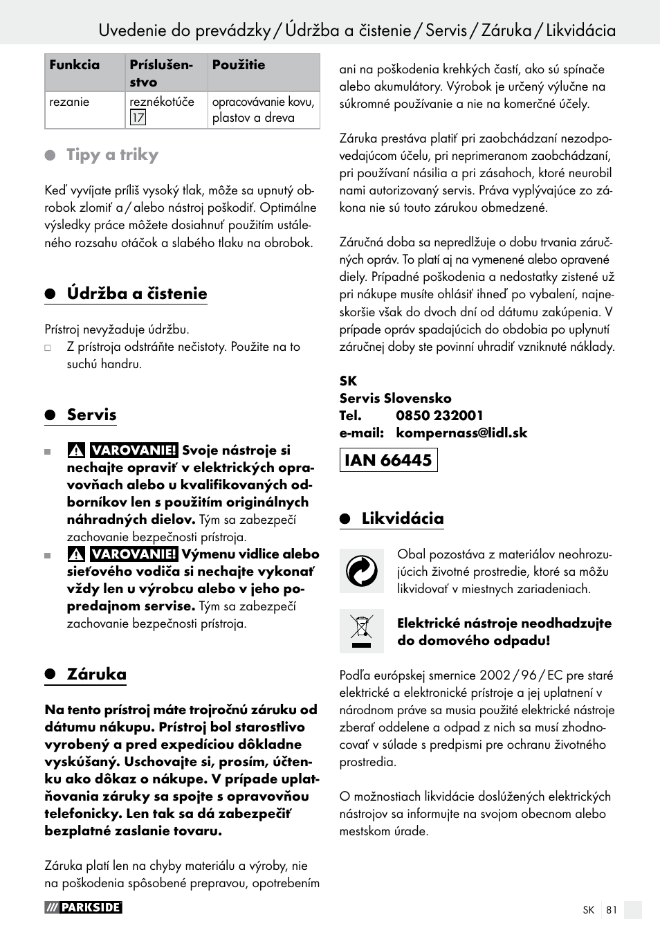 Tipy a triky, Údržba a čistenie, Servis | Záruka | Parkside PMGS 12 A1 User Manual | Page 81 / 96