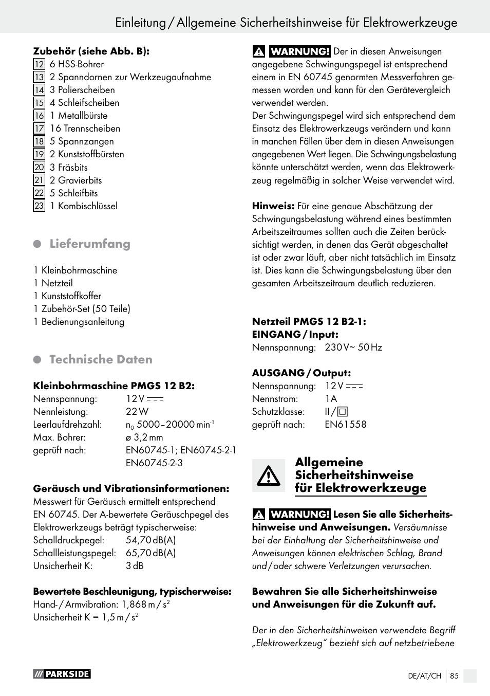 Lieferumfang, Technische daten | Parkside PMGS 12 A1 User Manual | Page 85 / 96