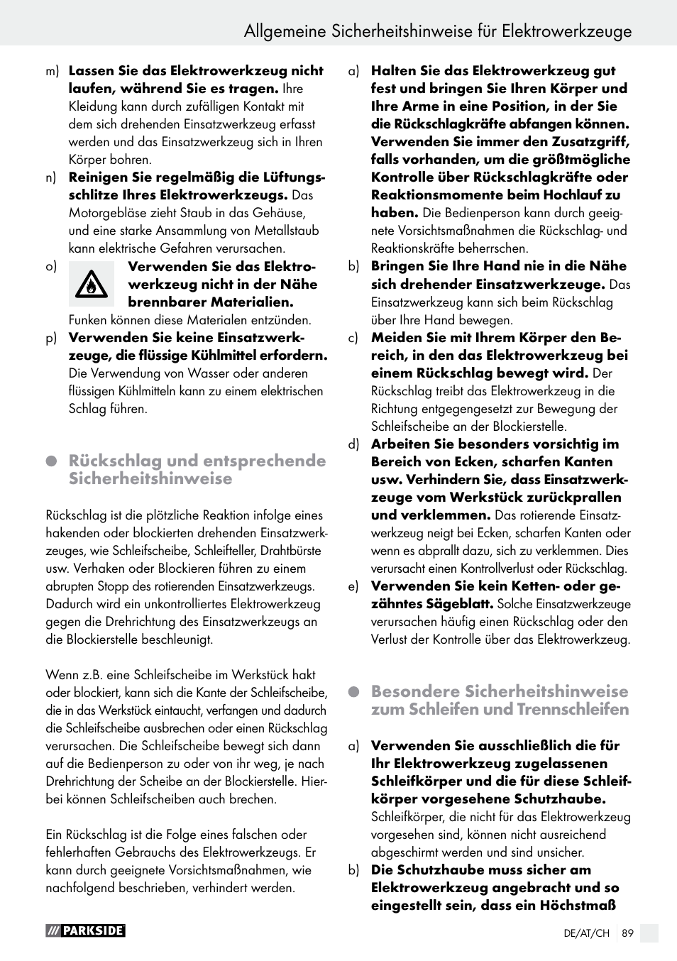 Rückschlag und entsprechende sicherheitshinweise | Parkside PMGS 12 A1 User Manual | Page 89 / 96