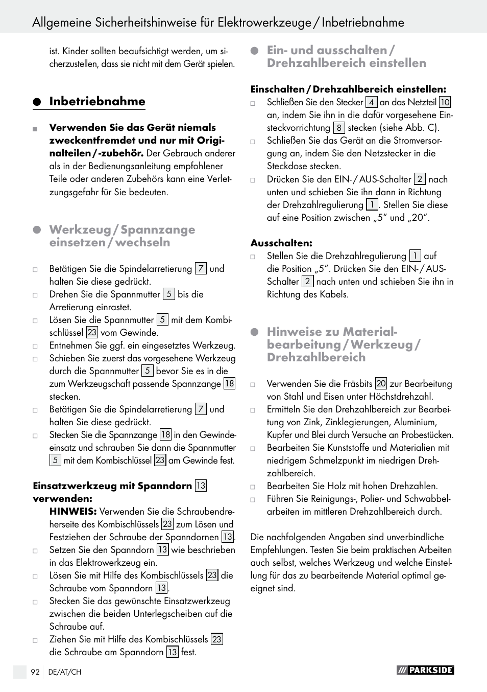 Inbetriebnahme, Werkzeug / spannzange einsetzen / wechseln, Ein- und ausschalten / drehzahlbereich einstellen | Parkside PMGS 12 A1 User Manual | Page 92 / 96