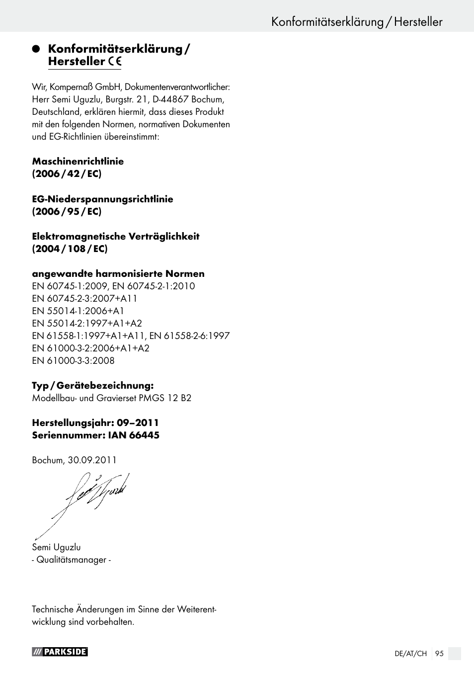 Konformitätserklärung / hersteller | Parkside PMGS 12 A1 User Manual | Page 95 / 96