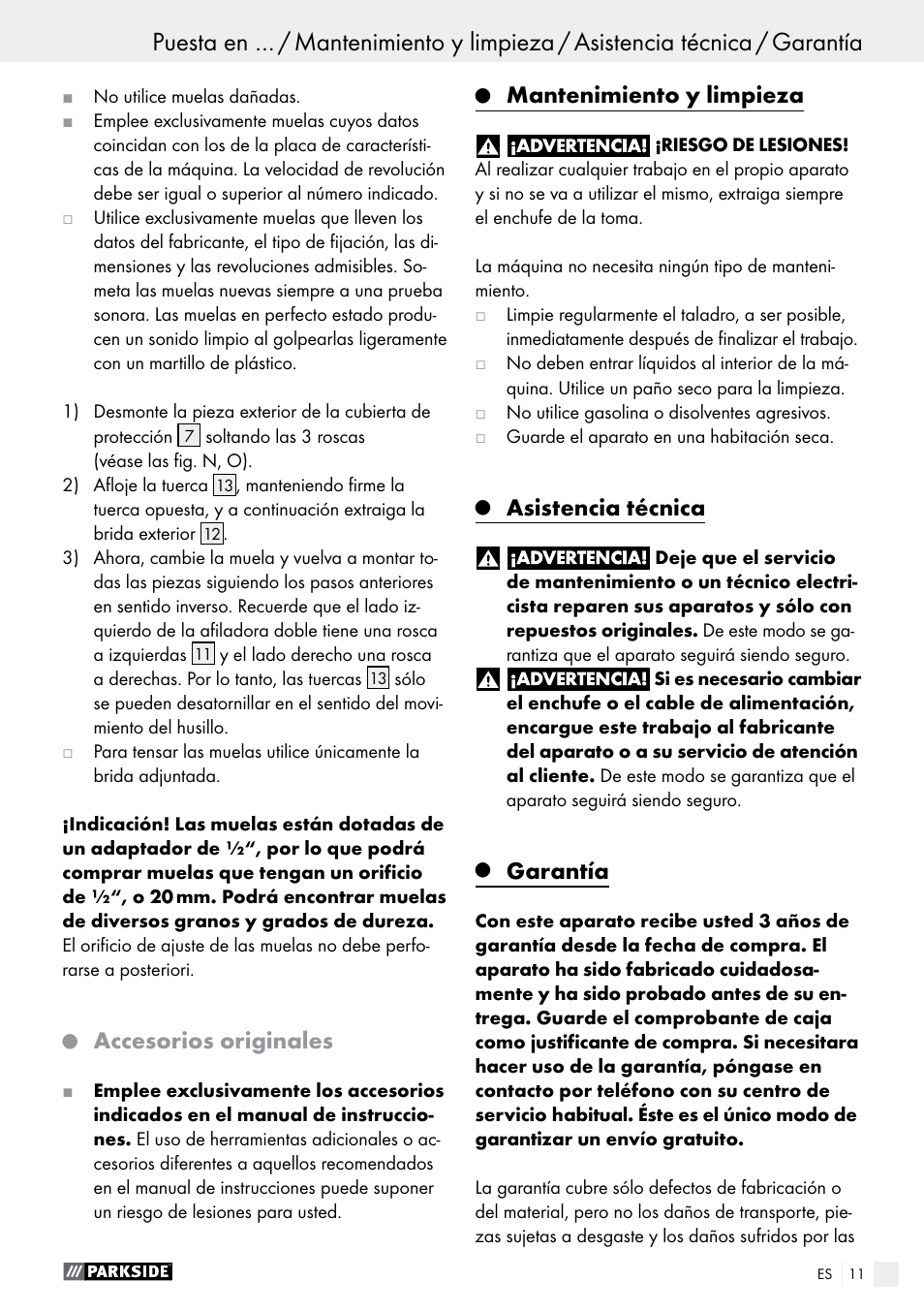 Accesorios originales, Mantenimiento y limpieza, Asistencia técnica | Garantía | Parkside PDOS 200 A1 User Manual | Page 11 / 48