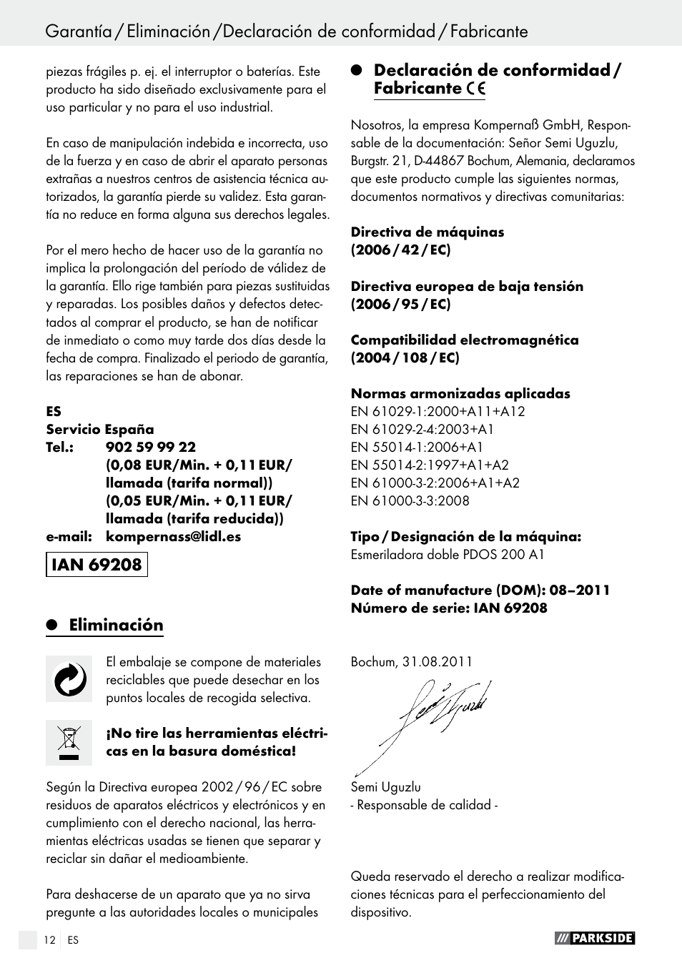 Eliminación, Declaración de conformidad / fabricante | Parkside PDOS 200 A1 User Manual | Page 12 / 48