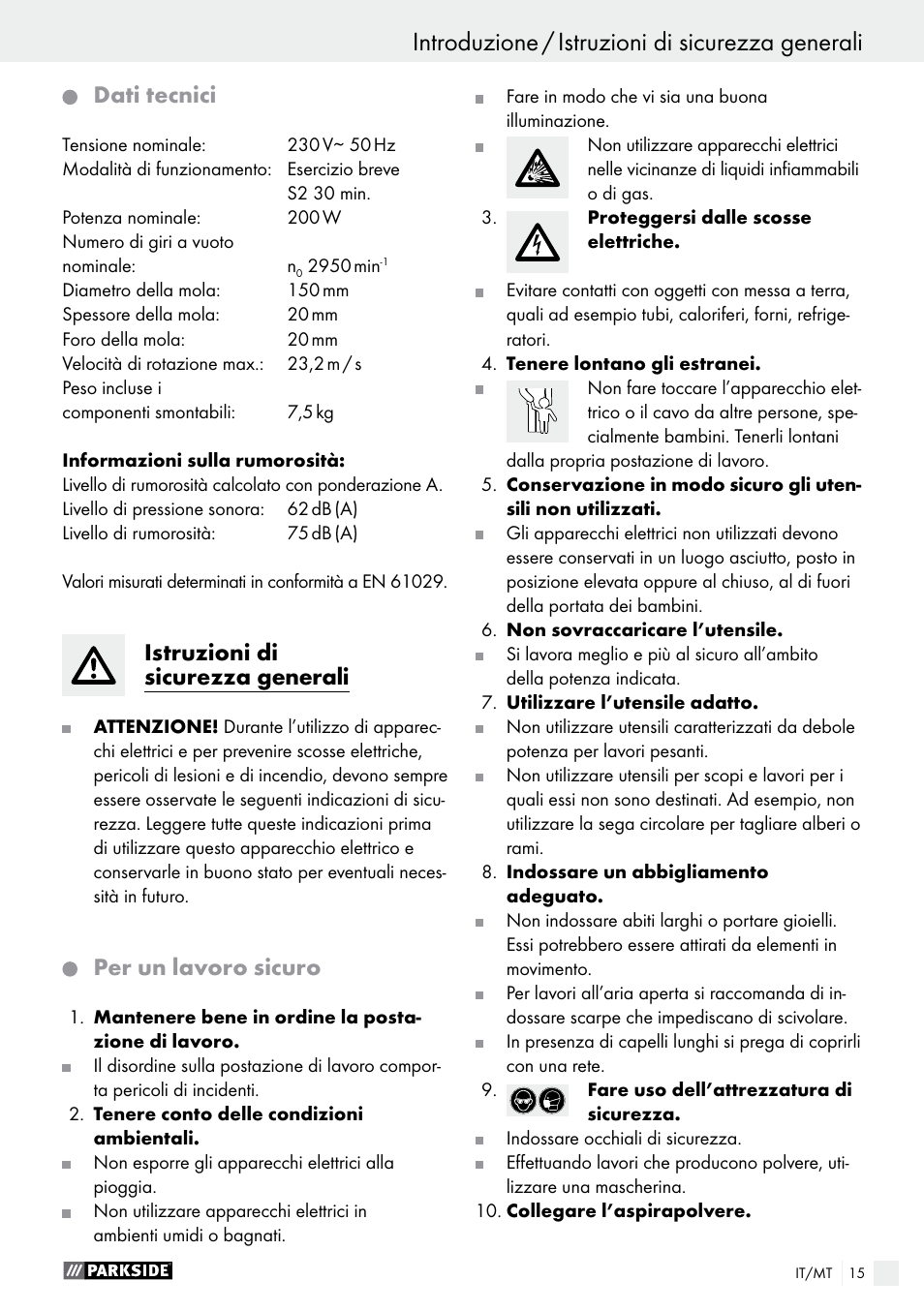 Dati tecnici, Istruzioni di sicurezza generali, Per un lavoro sicuro | Parkside PDOS 200 A1 User Manual | Page 15 / 48