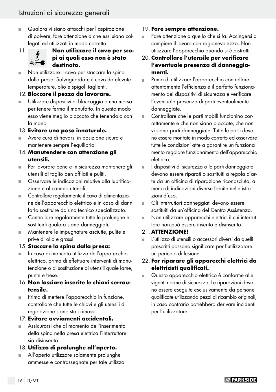 Istruzioni di sicurezza generali | Parkside PDOS 200 A1 User Manual | Page 16 / 48