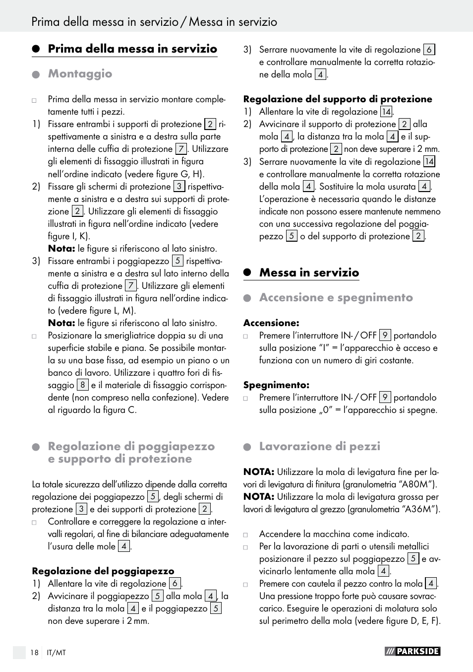 Prima della messa in servizio montaggio, Messa in servizio accensione e spegnimento, Lavorazione di pezzi | Parkside PDOS 200 A1 User Manual | Page 18 / 48