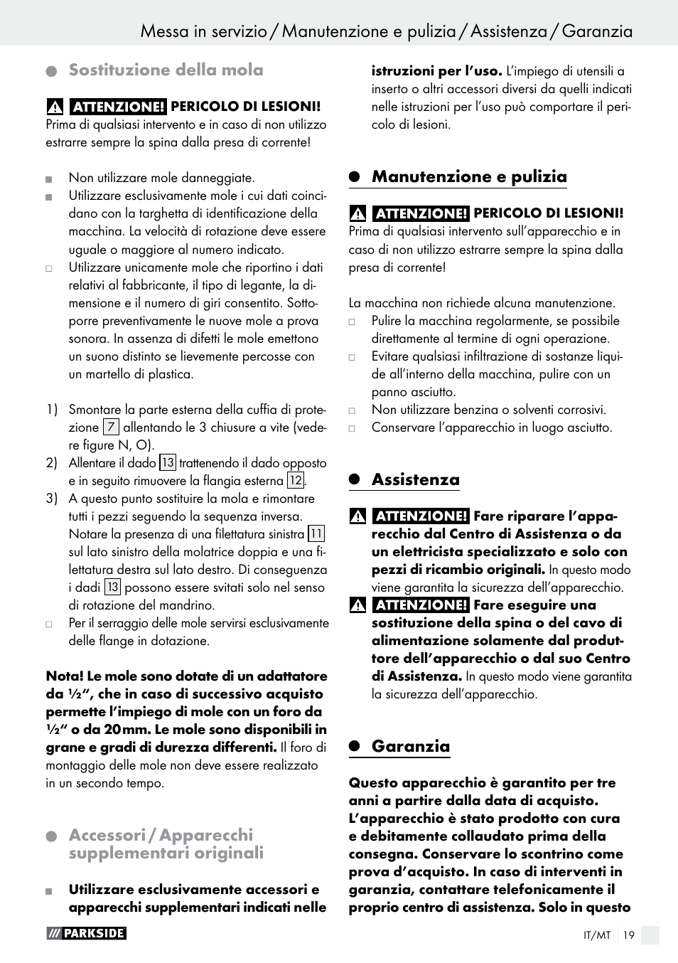 Sostituzione della mola, Accessori / apparecchi supplementari originali, Manutenzione e pulizia | Assistenza, Garanzia | Parkside PDOS 200 A1 User Manual | Page 19 / 48