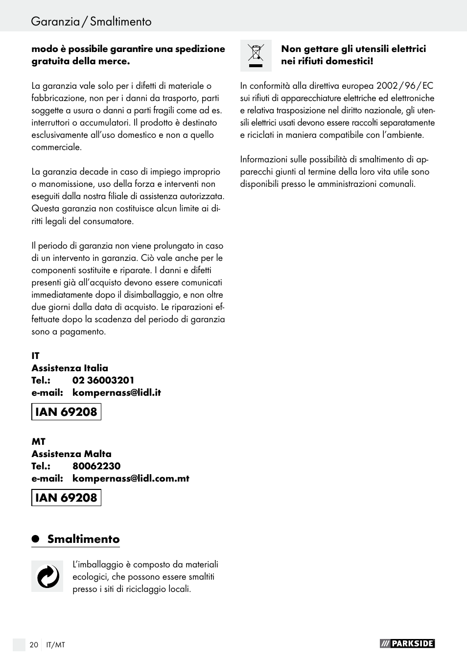 Dichiarazione di conformità / fabbricante, Garanzia / smaltimento | Parkside PDOS 200 A1 User Manual | Page 20 / 48