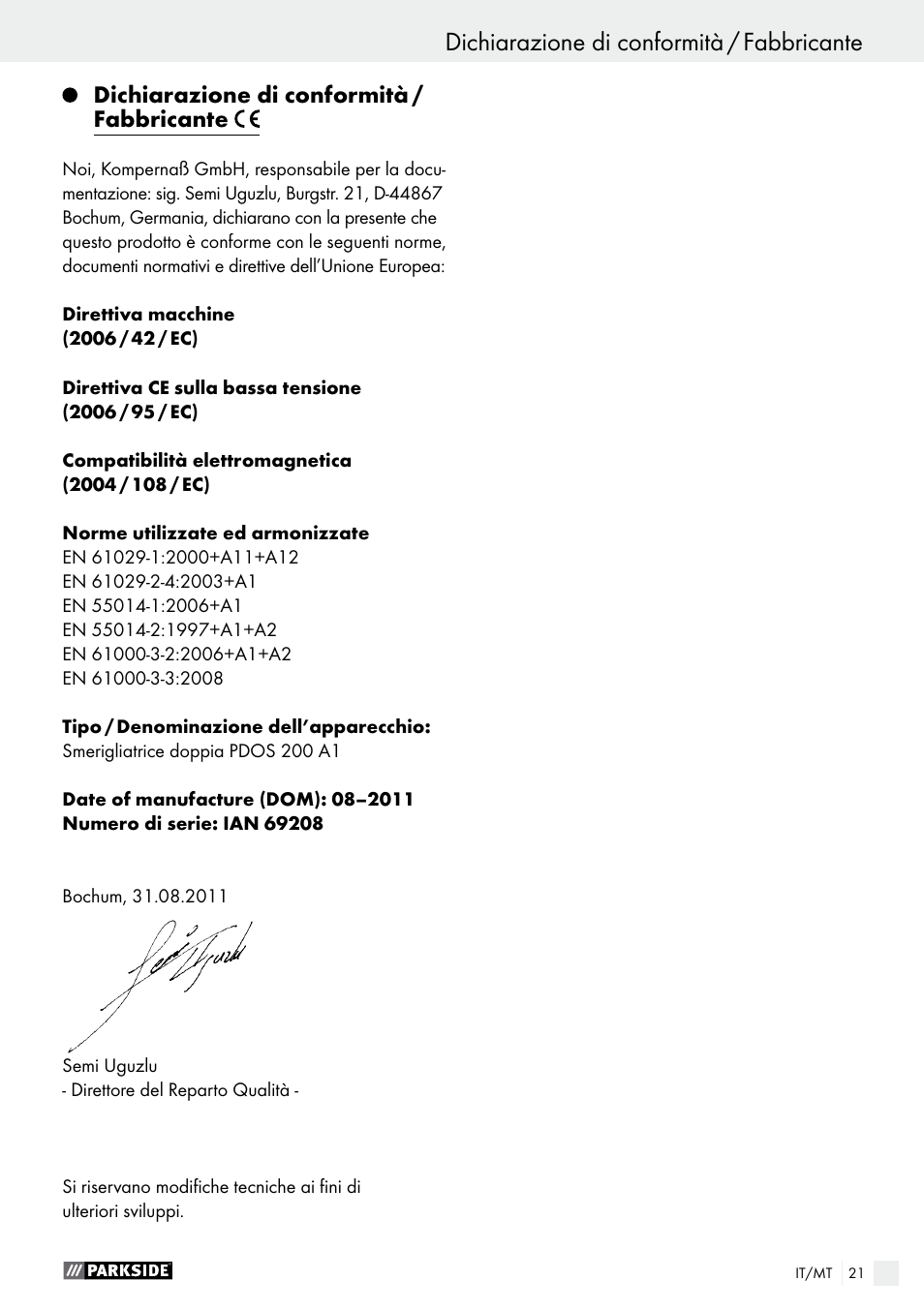 Dichiarazione di conformità / fabbricante, Garanzia / smaltimento | Parkside PDOS 200 A1 User Manual | Page 21 / 48