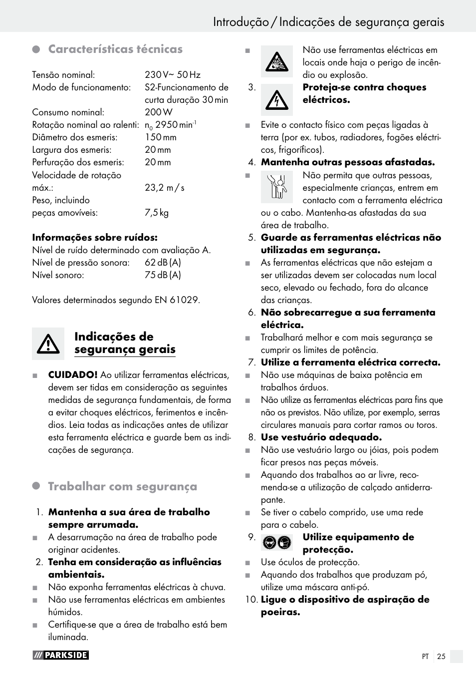 Características técnicas, Indicações de segurança gerais, Trabalhar com segurança | Parkside PDOS 200 A1 User Manual | Page 25 / 48