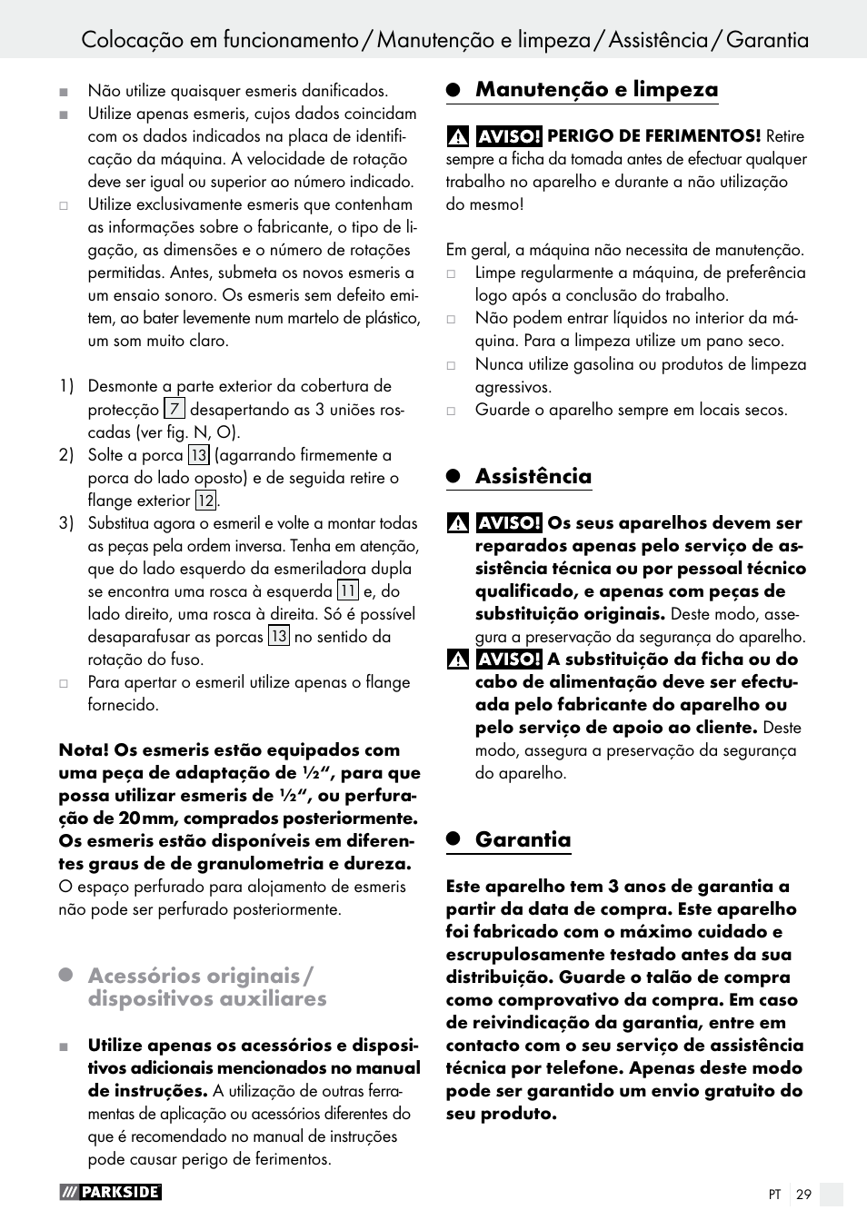 Acessórios originais / dispositivos auxiliares, Manutenção e limpeza, Assistência | Garantia | Parkside PDOS 200 A1 User Manual | Page 29 / 48