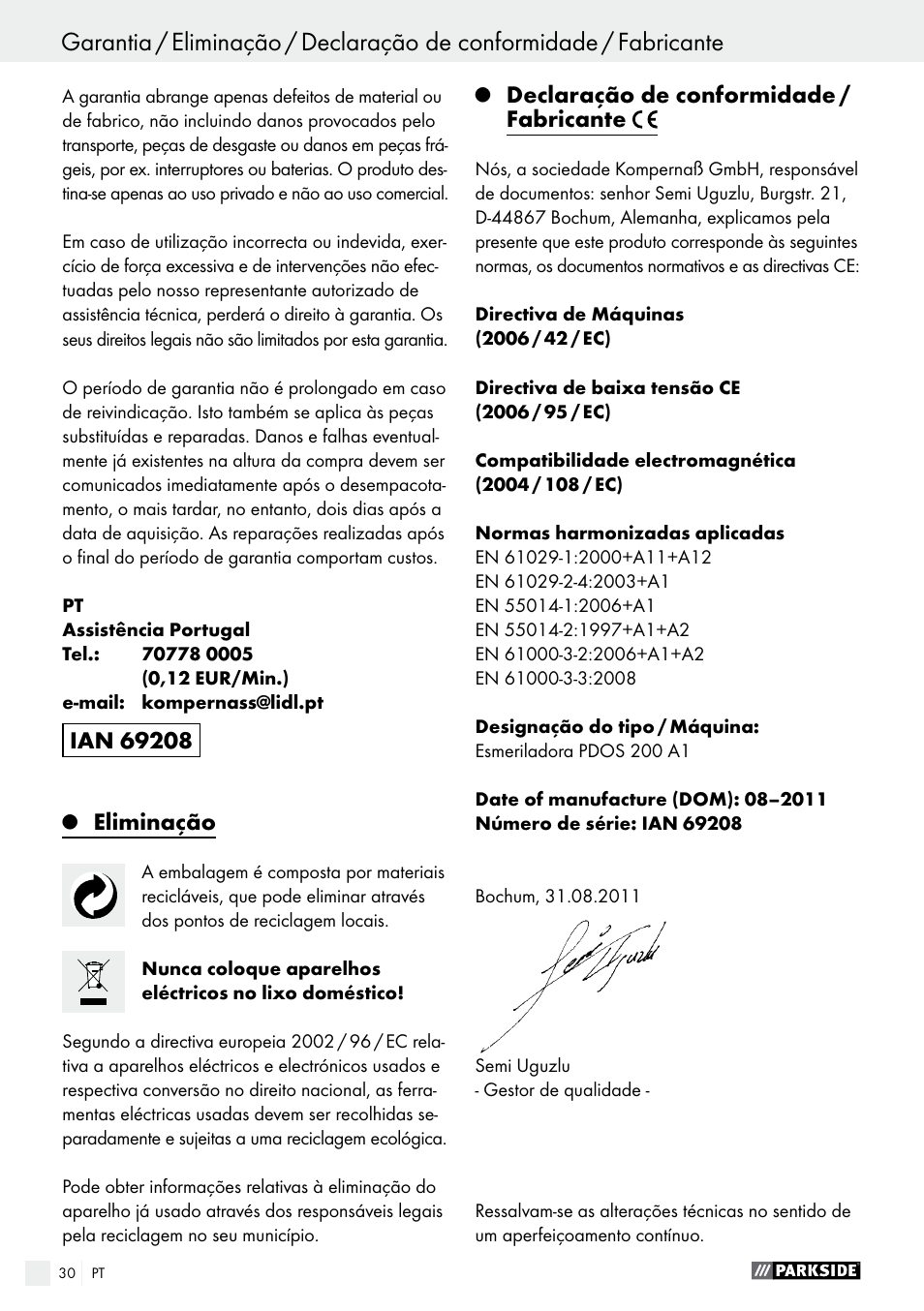 Eliminação, Declaração de conformidade / fabricante | Parkside PDOS 200 A1 User Manual | Page 30 / 48