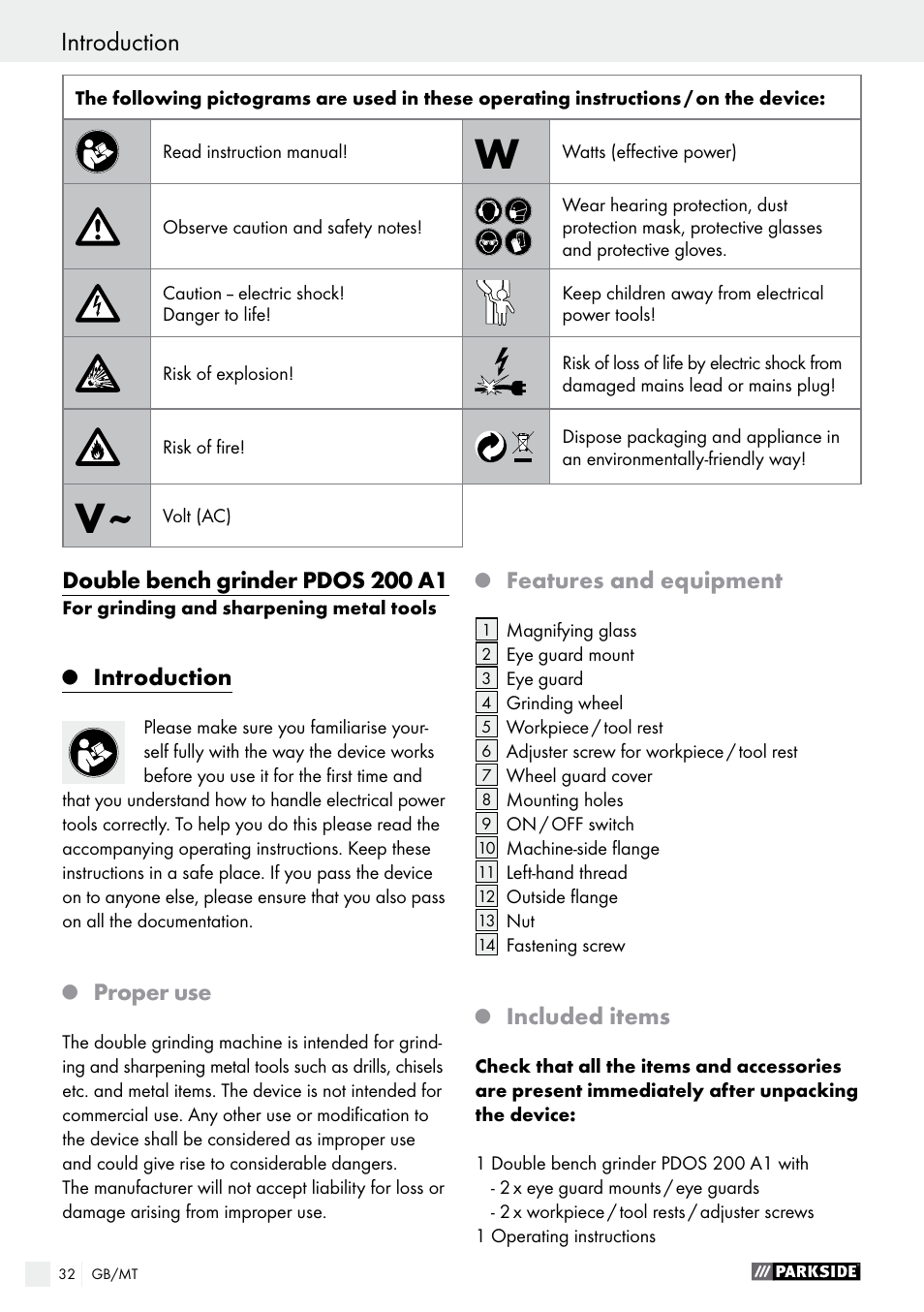 Introduction / general safety advice introduction, Double bench grinder pdos 200 a1, Introduction | Proper use, Features and equipment, Included items | Parkside PDOS 200 A1 User Manual | Page 32 / 48