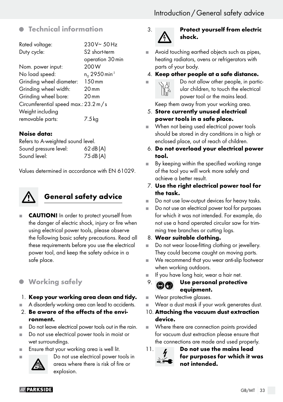 Introduction / general safety advice introduction, Technical information, General safety advice | Working safely | Parkside PDOS 200 A1 User Manual | Page 33 / 48