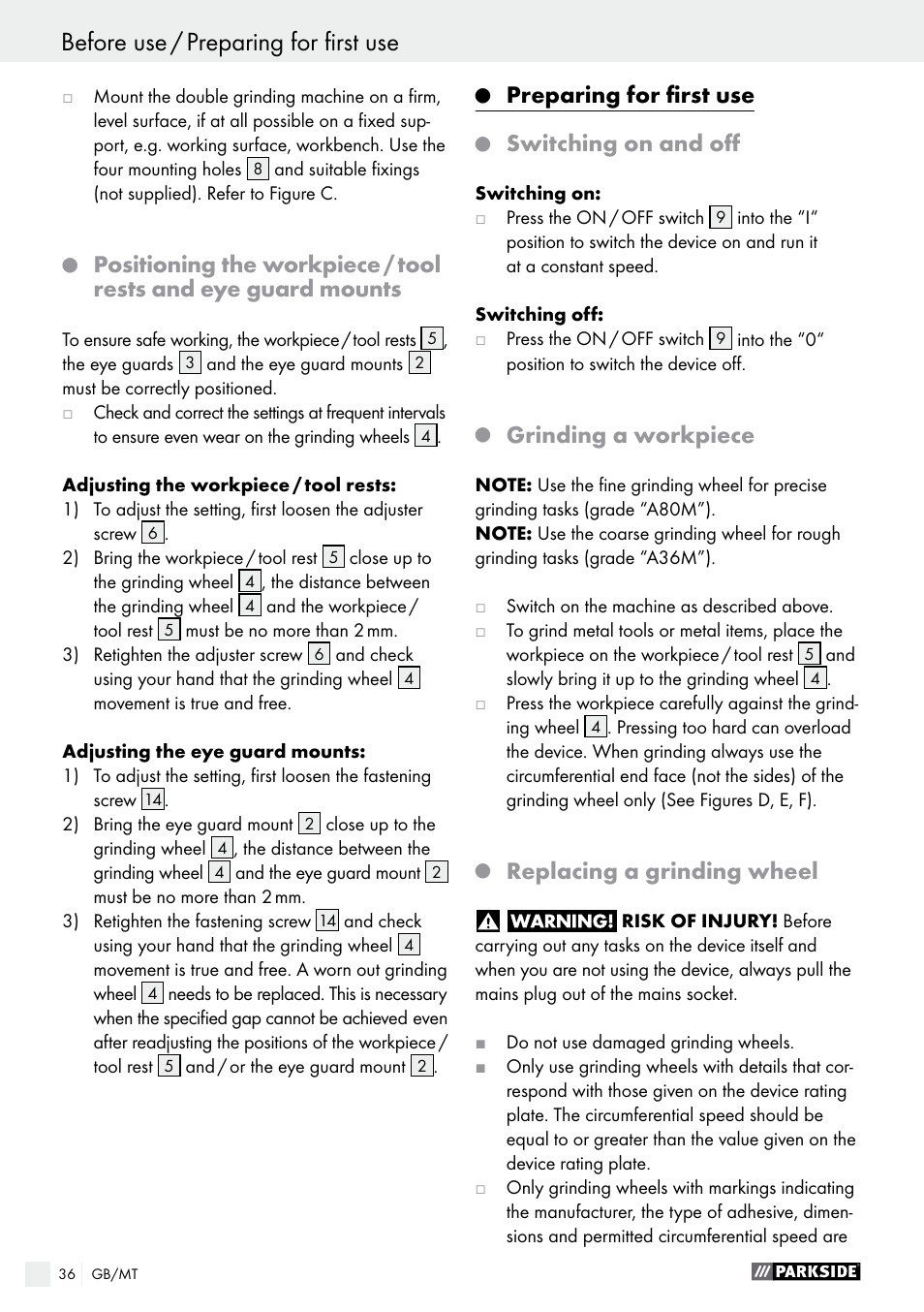 Preparing for first use, Switching on and off, Grinding a workpiece | Replacing a grinding wheel | Parkside PDOS 200 A1 User Manual | Page 36 / 48