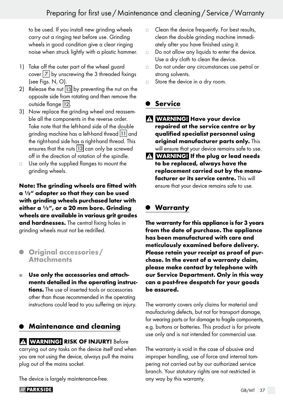 Original accessories / attachments, Maintenance and cleaning, Service | Warranty | Parkside PDOS 200 A1 User Manual | Page 37 / 48