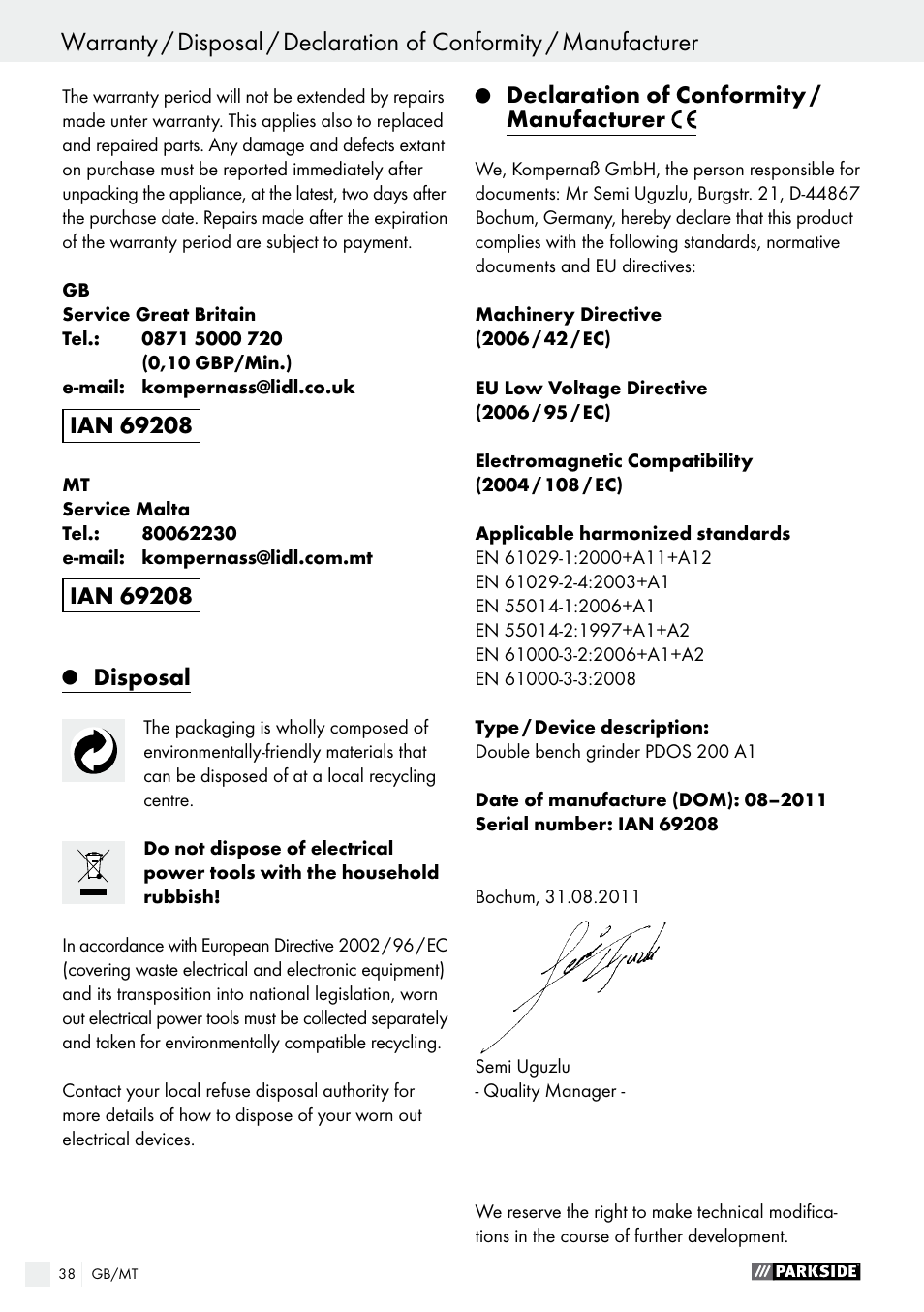 Parkside PDOS 200 A1 User Manual | Page 38 / 48